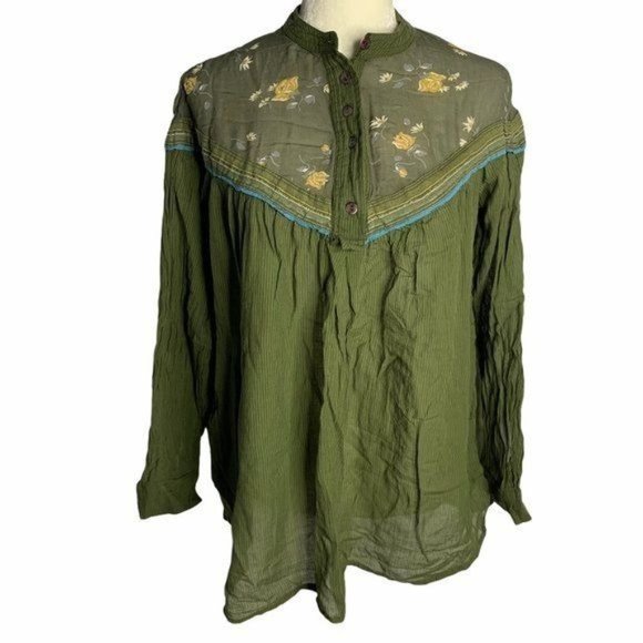 Free People Hearts Colors Retro Blouse M Green Boho Floral Buttons Pockets - Picture 1 of 5